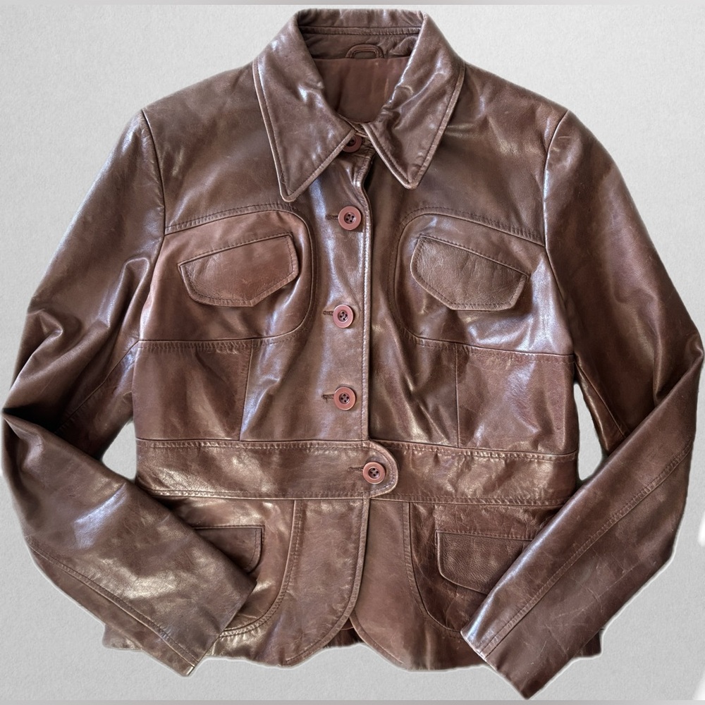Vintage Chocolate Brown Leather Jacket - 70s Style Tailored Coat - Fits 4-6
